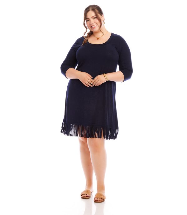 Plus Size 3 4 Sleeve Fringe Hem Dress Online Sale